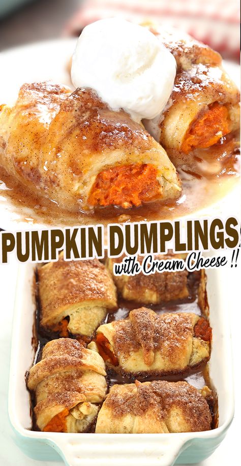 Crescent Roll Pumpkin Pie Dumplings - Sugar Apron Pumpkin Dumplings Recipe, Crescent Roll Pumpkin, Crescent Roll Pies, Pumpkin Dumplings, Cinnabon Copycat, Cannoli Recipes, Sweet Potato Dumplings, Brown Sugar Sauce, Autumn Desserts