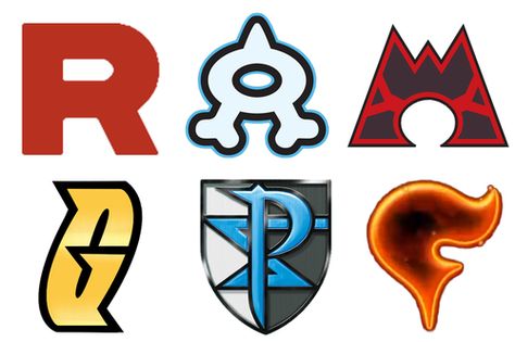 Pokemon evil teams: Team Rocket, Team Aqua, Team Magma, Team Galactic, Team Plasma, Team Flare Pokemon Evil Teams, Team Rocket Logo, Nintendo Villains, Pokemon Villains, Team Galactic, Villain Ideas, Team Plasma, Aqua Logo, Pokemon Team Rocket