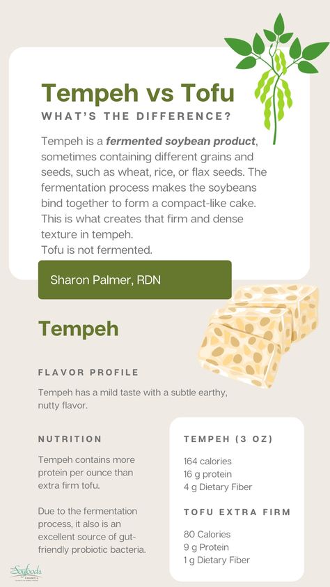 🌿 Tempeh and Tofu are both amazing soy products that are used in a variety of tasty dishes. However, there are many key differences between the two. Learn more about how tempeh compares to tofu regarding taste, cooking, and nutrition in this educational article by 𝗦𝗵𝗮𝗿𝗼𝗻 𝗣𝗮𝗹𝗺𝗲𝗿, 𝗥𝗗𝗡. #SoyFoods #TheSoyFoodsCouncil #SoyInspired #RDN #TempehFacts #Tofu #Tempeh #Food #Flavors #PlantProtein #PlantBasedProtein #PlantSource #SoySourced #Soy #Nutrition #plantbasedfood What Is Tempeh, Tempeh Recipes Vegan, How To Make Tempeh, Food Flavors, Tempeh Bacon, Tempeh Recipes, Soy Recipes, Meat Alternatives, Soy Products