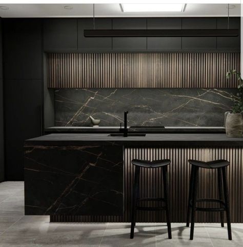 45 Sqm Apartment Interior Design, Modern Kitchen Design Luxury Black, Dark Luxury Kitchen, Kitchen Ideas Modern Luxury Black, Dark Modern Kitchen, Modern Dark Kitchen, Bar Furniture Design, Modern Kitchen Cabinet Design, Kitchens Luxury