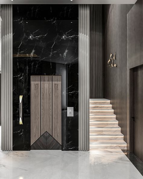 Lobby Design Apartment, Lobby Design House, Lift Wall Cladding Design, Lift Lobby Design, Elevator Lobby Design, Wall Cladding Designs, Elevator Interior, Staircase Design Modern, Front Wall Design