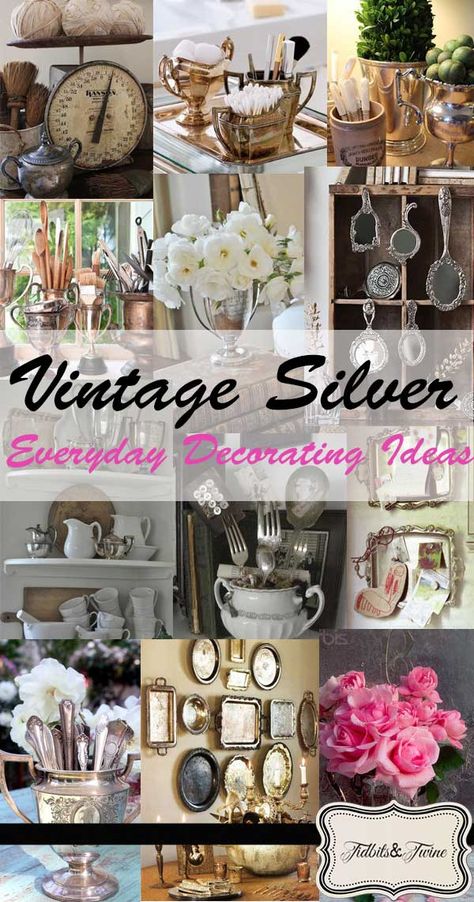 If you've been reading my blog, you know I love the look of Casual Elegance, so for me, adding just a touch of silver brings a touch of glamor to a room. So today I thought I'd share with you 8 of my favorite ideas for everyday decorating with silver. Silver Serving Trays Display, Decorating With Silver Pieces, Silver Trays Decor Ideas, Thrift Decorating, Silver Plate Decor, Tea Set Decor, Silver Tray Decor, Uses For Mason Jars, Decorating With Antiques