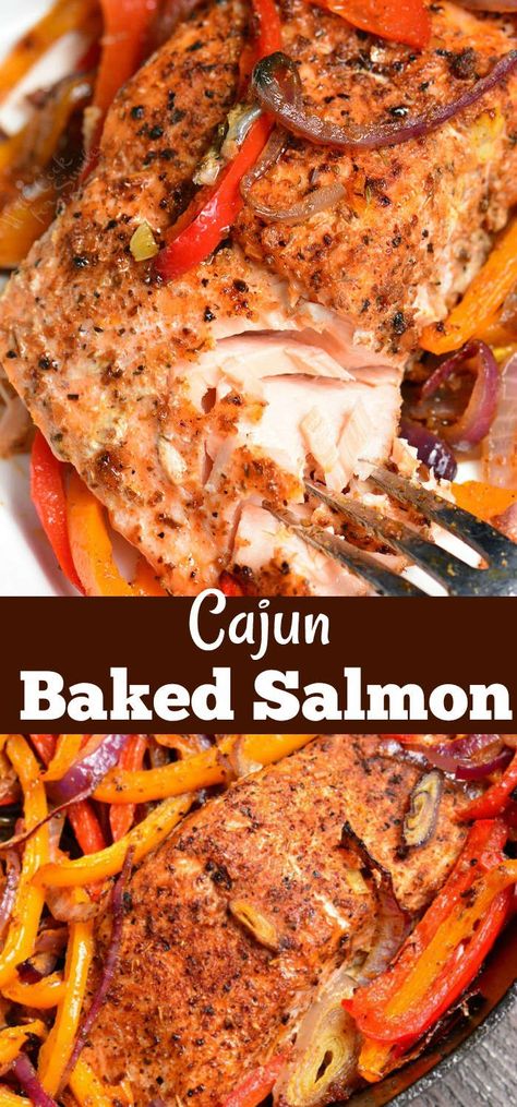 Cajun Baked Salmon. Juicy, fresh salmon is rubbed with Cajun seasoning and baked with bell peppers, garlic, and onions. Serve it with roasted vegetables, over fluffy rice, or quinoa. #salmon #easydinner #bakedsalmon #cajun #seafood #dinner Stuff Potatoes, Quinoa Salmon, Baked Mahi Mahi, Salmon Food, Salmon Baked, Gf Meals, Tilapia Fish Recipes, Cooking Beets, Cajun Salmon