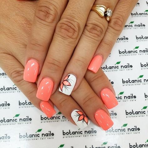 Uñas Color Coral, Coral Nails With Design, Elegant Manicure, Coral Nails, Summer Acrylic Nails, Short Acrylic Nails Designs, Beach Nails, Dipped Nails, Floral Nails