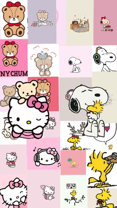 snoopy and hello kitty Cute Characters, Hello Kitty, Snoopy, Kitty