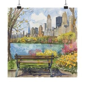 New York Print, Central Park Wall Art, NYC Skyline Cityscape Watercolor Painting, Spring Artwork, US City Travel Poster, Travel Gift Spring Artwork, New York Print, Painting Spring, New York City Skyline, Nyc Skyline, New York Central, Poster Travel, New York Art, City Travel