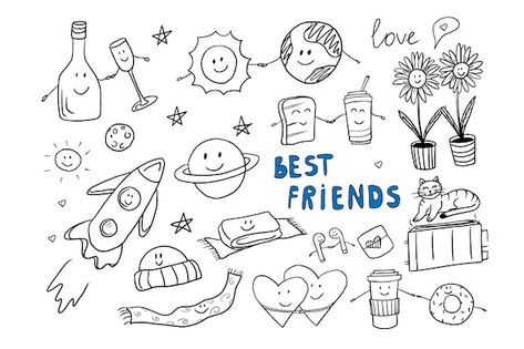 Premium Vector | Cute friendship clipart set in doodle style Big collection with quotes hearts drinks cat dog Friendship Doodles Cute, Doodle Art Friends, Friendship Doodles, Friendship Doodle, Friendship Clipart, Friends Doodle, School Doodles, Cute Friendship, Doodle Style