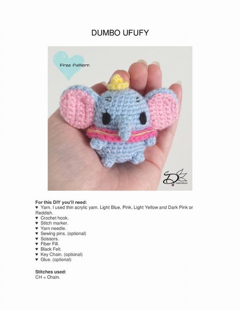 Dumbo Crochet Pattern Free, Crochet Dumbo, Crochet Keychain, Crochet Toys Patterns, Jack Skellington, Yarn Needle, Crochet Animals, Stuffed Toys Patterns, Crochet Ideas