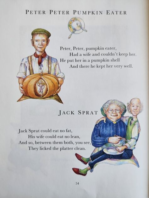 This is Favourite Nursery Rhymes, selected by Ruth Thomson and those wonderful illustrations by David Lawrence. It holds the Mothercare logo and was first published 1985 with reprints 1986 and 1987. ISBN I 85029 033 4 #1980s #80s #children's #nursery #illustrations #uk #old #vintage Jack Sprat, Peter Pumpkin Eater, Old Nursery Rhymes, Nursery Rhymes Lyrics, Peter Peter Pumpkin Eater, Peter Pumpkin, Childrens Poems, Pumpkin Eater, Great Song Lyrics