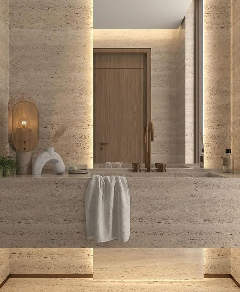 Travertine Powder Room, Travertine Wall Interior, Travertine Bathroom Modern, Limestone Bathroom, Travertine Tile Bathroom, Travertine Bathroom, Bathroom Design Inspiration, 아파트 인테리어, Toilet Design