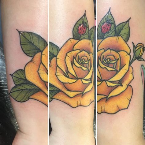 Ladybug Rose Tattoo, Moms Tattoo, Yellow Rose Tattoos, Ladybug Tattoo, S Tattoos, Lady Bug Tattoo, Female Tattoo Artists, Mom Tattoos, S Tattoo