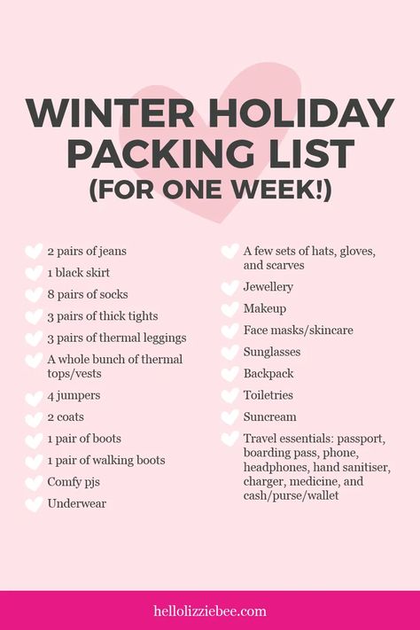 Winter Holiday Essentials, South Korea Winter Packing List, Christmas Vacation Packing List, Suitcase Packing Tips Winter, What To Pack For Winter Trip, Week Long Packing List Winter, Packing For Skiing, Packing List For New York Winter, Winter Holiday Packing List