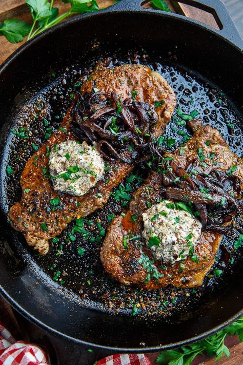 Pan Seared Steaks with Balsamic Red Onions and Roasted Garlic and Porcini Mushroom Goat Cheese Butter Mushroom Goat Cheese, Porcini Mushroom, Balsamic Onions, Dinner Steak, Closet Cooking, Pan Seared Steak, Beef Steak Recipes, Cheese Butter, Seared Steak