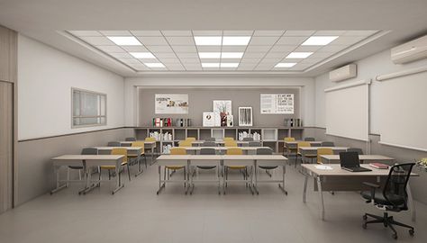 Classroom design on Behance Classroom Interior, Classroom Tables, School Interior, Revit Architecture, Interior Design School, Classroom Projects, Computer Room, Creative Classroom, Classroom Design