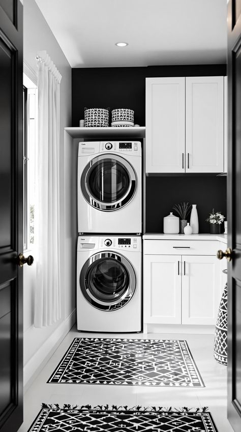 Stacked Laundry Room Ideas Black White Laundry Room Ideas, Black White Gold Laundry Room, Monochrome Laundry Room, Black And White Laundry Room Ideas, Black Washer And Dryer Laundry Room, Black Laundry Room Ideas, Black White Laundry Room, Stacked Laundry Room Ideas, Interior Design Comfy