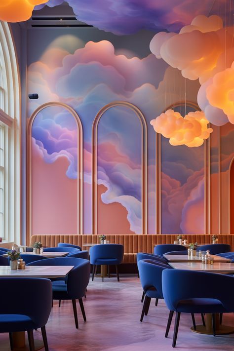 Whimsical Restaurant Design, Inspiring Interior Design, Fun Interior Design Creative, Restaurant Theme Ideas, Themed Interior Design, Pattern Interior Design, Cool Interior Design, Colorful Cafe, Violet Design