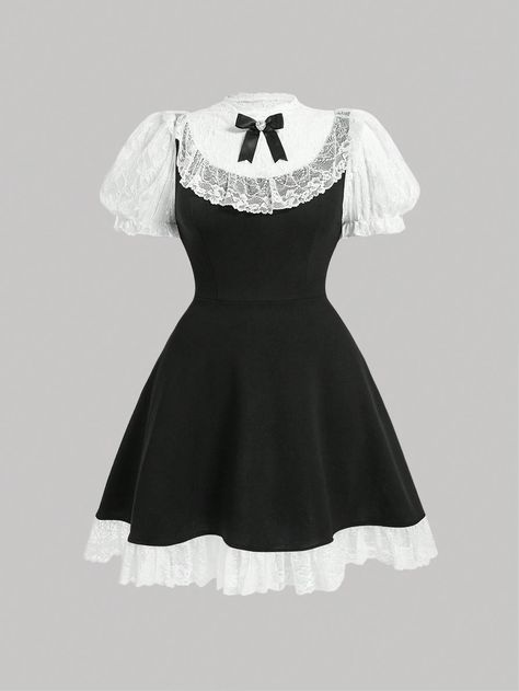 SHEIN MOD Plus Size Color Block Lace Patchwork Dress With Bow DecorationI discovered amazing products on SHEIN.com, come check them out! 1800s Dresses Casual, Blackpink Interview, Acubi Dress, 1800s Dresses, Outfit Minimalist, Shein Dress, Lace Patchwork, Vestidos Vintage, Patchwork Dress