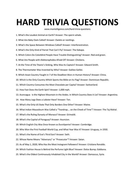 Downloadable and Printable List of Hard Trivia Questions Trivia Questions About A Person, Tuesday Trivia Questions, Bar Trivia Questions And Answers, Funny Trivia Questions And Answers For Adults, Jeapordy Game Questions For Adults, World Trivia Questions And Answers, Trivia Category Ideas, Best Trivia Questions And Answers, Diy Trivia Night