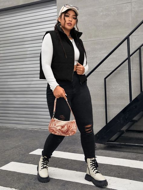 Vest Outfit Plus Size, Cropped Puffer Vest Outfit, Hongkong Outfit, Plus Size Winter Coats, Puffer Vest Outfit, Outfit Plus Size, Vest Outfit, Black Puffer Vest, Plus Size Winter