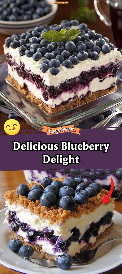 Blueberry Delight offers a refreshing layer of sweet cream cheese, juicy blueberries, and a buttery graham cracker crust. This chilled dessert is as delightful to look at as it is to eat, making it a perfect addition to any summertime gathering or a sweet end to a meal. #BlueberryDelight #SummerDessert #BerryGood Blueberry Congealed Salad Cream Cheeses, Blueberry Whipped Cream Dessert, Easy Desserts With Blueberries, Blueberry Delight Recipe Graham Crackers, Light Blueberry Desserts, Desserts With Fresh Blueberries, Blueberry Filling Desserts, Recipes Using Frozen Blueberries, Blueberry Pretzel Dessert