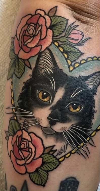 Neotraditional Pet Portrait, Traditional Siamese Cat Tattoo, Neo Traditional Cat Portrait, Cat Portrait Tattoo Traditional, New School Cat Tattoo, Black Cat Portrait Tattoo, Traditional Pet Portrait Tattoo, Long Haired Cat Tattoo, Traditional Pet Tattoo