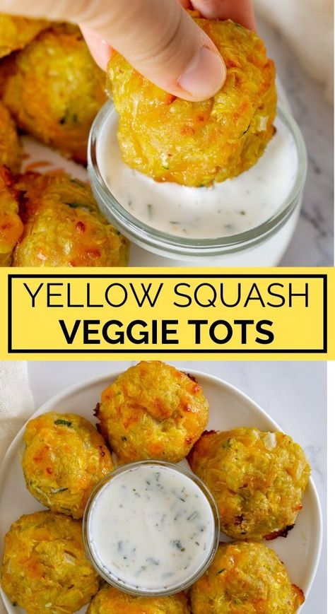 Yellow Color Party Food Ideas, Yellow Food Ideas Party, Yellow Snacks For Color Party, Yellow Squash Tots, Yellow Foods For Party, Squash Tater Tots, Squash Appetizer, Monochromatic Party, Veggie Tots