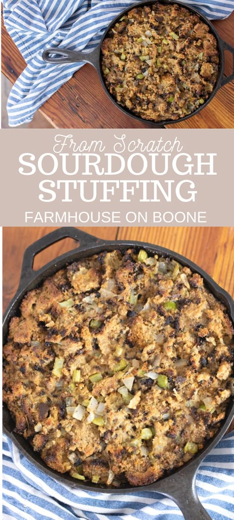 Learn how to make sourdough stuffing from scratch. Homemade bread is toasted with butter, then combined with sautéed vegetables and herbs, pastured eggs, and homemade bone broth to create this comforting, good-for-you side dish for your holiday table. #farmhouseonboone #sourdough #thanksgiving #holidayrecipes #stuffing Stuffing Sourdough, Stuffing From Scratch, Sourdough Stuffing Recipe, Sourdough Stuffing, Best Cranberry Sauce, Recipe Bread, Homemade Stuffing, Homemade Bone Broth, Stuffing Recipes For Thanksgiving