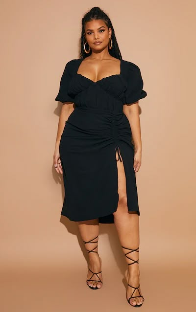 Plus Size Celebrities, Plus Size Black Dresses, Girls Black Dress, Puff Sleeve Midi Dress, Midi Dress Plus Size, Draped Midi Dresses, Outfit Chic, Looks Chic, Sleeve Midi Dress