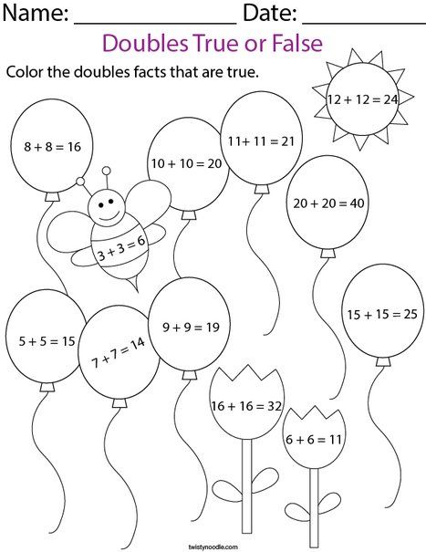 Doubles True or False to 20- Balloons Math Worksheet - Twisty Noodle Doubles Facts, Math Exercises, Addition Worksheets, Math Activities Preschool, Math Worksheet, 2nd Grade Math, Grade 1, Math Worksheets, Kids Prints