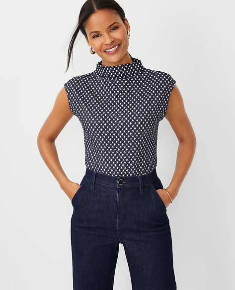 Check Mock Neck Cap Sleeve Top | Ann Taylor Stylish Petite Woman, Stylish Petite, Mock Turtleneck Sweater, Petite Blouses, Knitted Suit, Hip Style, Style Steal, Cap Sleeve Top, Mock Neck Top