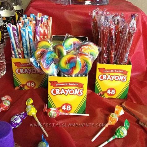 Crayon Party Ideas - HubPages Crayon Birthday Party, Crayola Party, Crayola Birthday Party, Crayon Birthday Parties, Crayon Party, Art Themed Party, Kindergarten Graduation Party, Painting Birthday Party, Diy Crayons