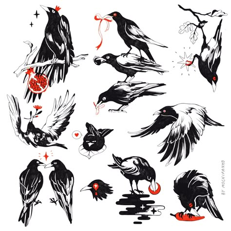 Crow Tarot, Crows Drawing, Crow Tattoo Design, Chinese Interior, Crow Tattoo, Raven Tattoo, Flash Tattoo Designs, Flash Sheet, Spooky Tattoos