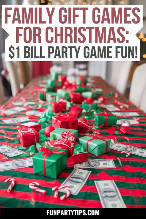 Bring the laughs to your Christmas party (or even a game night) with the $1 Bill Party Game! Perfect for work parties or family gatherings, this super fun, super easy holiday game uses dollar bills for an unforgettable time. Great for groups! Auction Christmas Game, Christmas Games For Families To Play, Christmas Fun Family Games, Holiday Money Games, Family Gatherings Ideas, Christmas Games For Family With Money, Christmas Game For Family, Family Christmas Gift Games Ideas, Christmas Party Door Prize Ideas