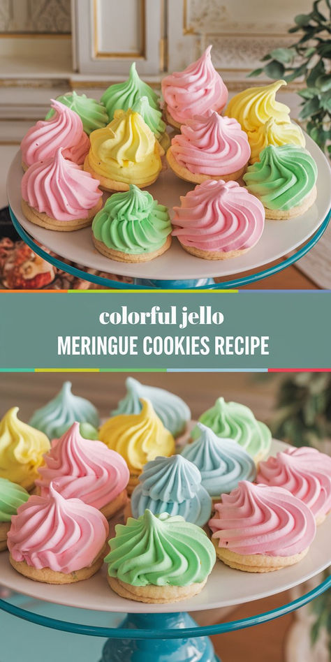 An assortment of colorful Jello meringue cookies in pastel shades, arranged on a serving tray Jello Meringue Cookies, Meringue Cookies Recipe, Cookies Light, Meringue Cookies, Cookies Recipe, Meringue, Dessert Table, Kid Friendly, Pop Of Color