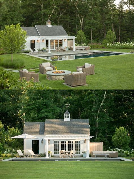 New England Pool House, Cottage Style Pool House, Country House Pool, French Country Pool, Country Pool House, Pool House Layout, Dover Massachusetts, French Country House Exterior, French Country Patio