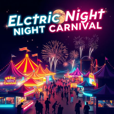 Electric Night Carnival  #NightCarnival #NeonLights #FestivalVibes #art #poster Night Carnival, Wonderland Poster, Neon Carnival, Carnival Design, Neon Nights, Festival Vibes, Art Poster, Carnival, Neon