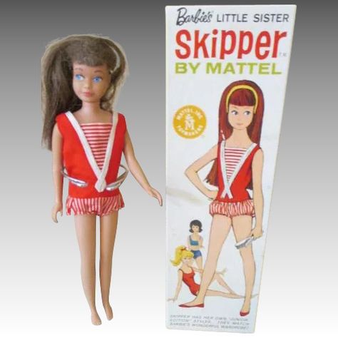 Vintage Skipper in Original Box Vintage Barbie Dolls 1960s, Redhead Doll, Barbie Sisters, Play Barbie, Skipper Doll, Barbie Skipper, Shoes Stand, Red Swimsuit, Those Were The Days