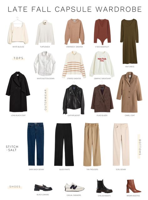 20 Piece Late Fall Capsule Wardrobe - Stitch & Salt Late Winter Outfits, Late Fall Outfits, Stylish Capsule Wardrobe, Simple Winter Outfits, College Wardrobe, Winter Wardrobe Essentials, Wardrobe Capsule, Fall Wardrobe Essentials, Simple Fall Outfits