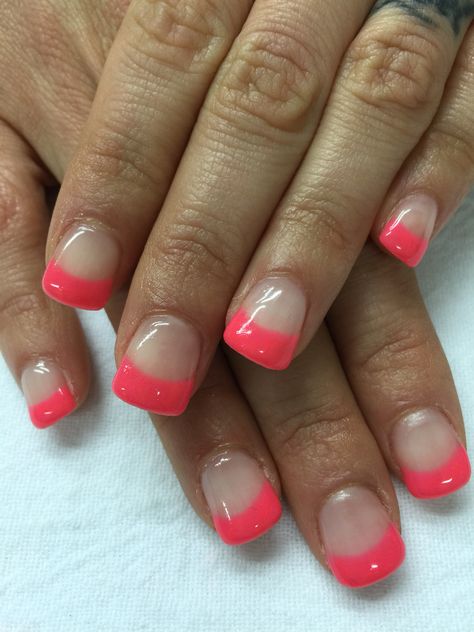 Neon pink/coral French gel nails. All done with non-toxic and odorless gel. Coral French Tip Nails Square, Coral French Tips Nails, Neon Coral French Tip Nails, Hot Pink French Tip Nails Square Short, Coral French Tips, French Tip Neon Pink, Coral French Tip Nails, French Tip Nails Square, French Gel Nails