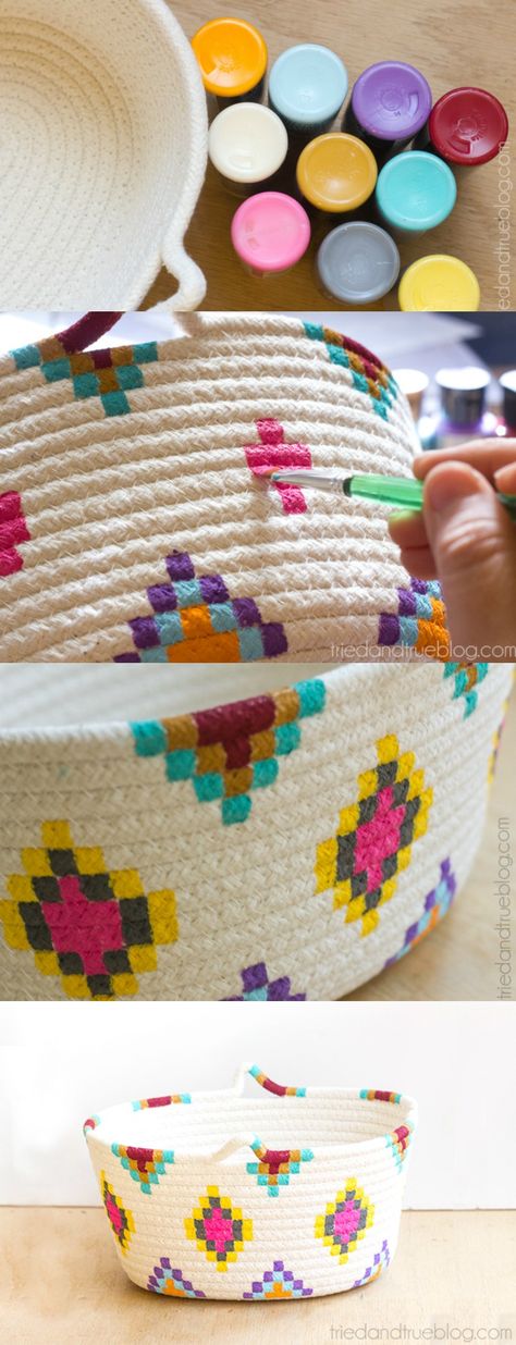 Pretty! This Kilim-Inspired painted basket tutorial is an easy way to try out a fun new color palette quickly and inexpensively. It's so simple to make! Basket Tutorial, Painted Baskets, Fabric Bowls, Diy Basket, Rope Crafts, Diy Candy, Décor Diy, Diy Projects To Try, Diy Bag