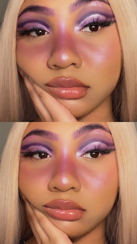 Purple makeup look with purple cut crease eyeshadow and purple blush across nose and cheeks. Purple Blush Makeup Look, Blush Across Nose Makeup, Lumpy Space Princess Makeup, Purple Doll Makeup, Pink Cosplay Makeup, Purple Blush Makeup, Purple Cut Crease Eyeshadow, Light Purple Makeup, Purple Contour