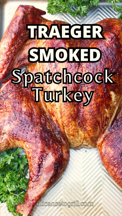 traeger smoked spatchcock turkey on a platter. Spatchcock Turkey On Traeger Grill, Hey Grill Hey Smoked Turkey, Traeger Smoked Turkey Recipes, Tregar Grill Recipes Turkey, Treager Turkey Recipe, Seasoning For Smoked Turkey, Spatchcock Turkey On Traeger, Turkey Breast On Traeger, Trager Smoked Turkey