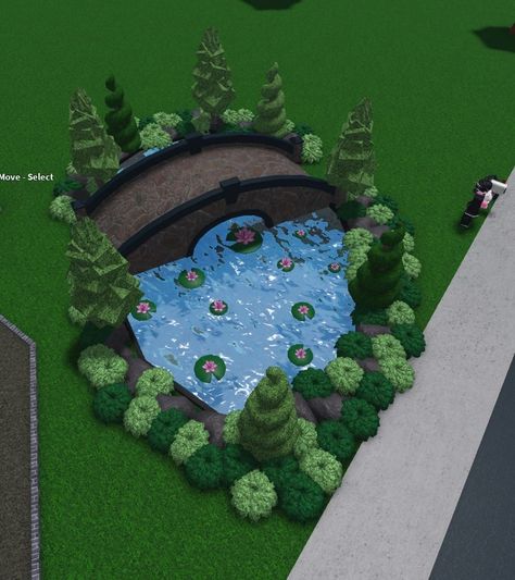 Bloxburg River Ideas, Bloxburg House In The Woods, Pond Ideas Bloxburg, Bloxburg Country Club, Bloxburg Enchanted Forest, Green House Bloxburg Garden, Theme Park Tycoon 2 Ideas Layout, Front Yard Landscaping Ideas Bloxburg, Bloxburg Lake Ideas