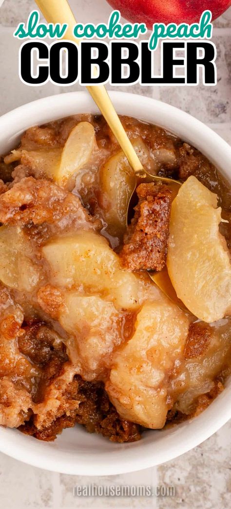 Sweet summer peaches are a crowd favorite, and Slow Cooker Peach Cobbler is a deliciously easy way to make the perfect dessert for everyone! #Realhousemoms #slowcooker #peachcobbler #dessert #crockpot #crockpotrecipes #thanksgiving #christmas #halloween #kidapproved Peaches Crockpot Recipes, Peach Crockpot Recipes, Peach Cobbler Crockpot Dessert, Peach Cobbler For A Crowd, Peach Cobbler Crock Pot, Crockpot Peach Cobbler Easy, Peach Cobbler With Cinnamon Rolls, Crock Pot Desserts Easy, Crockpot Desserts Easy