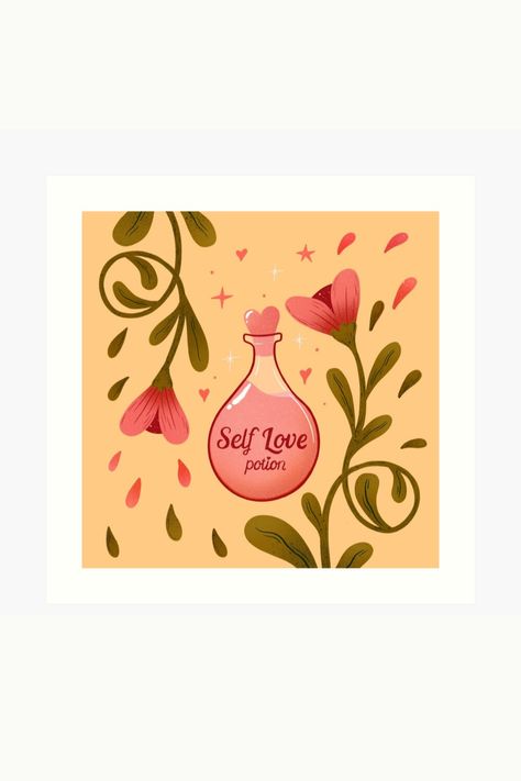 Self love art print, illustration, art, artwork, self love illustration, female illustration, female art, feminist art, woman art, woman illustration, girly sticker, feminist art, feminist illustration, flowers, aesthetic, witchy, witch, cute, self love, feminine, female, love, potion, spell, pink, cute, magical, magic, hocus pocus, wiccan, wicca, witchcraft, pink, aesthetic, kawaii, witches, brew, pastel goth, yellow, flower, floral, aesthetic, gift idea, friend, redbubble art print, redbubble Self Love Potion, Pink Aesthetic Kawaii, Potion Illustration, Pink Self Love, Witchy Illustration, Feminist Illustration, Feminine Female, Female Illustration, Floral Aesthetic