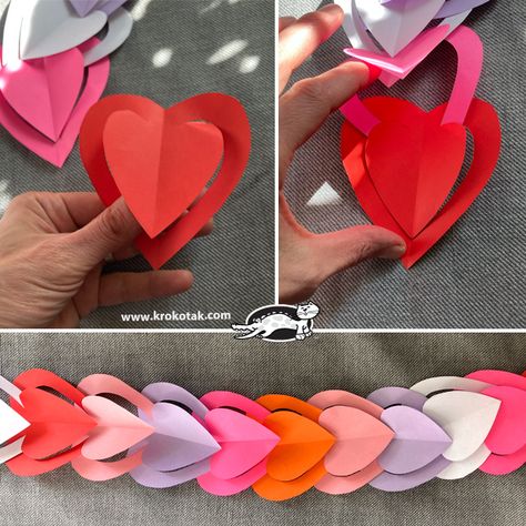 krokotak | No-glue heart garlands Friendship Crafts, Ecofriendly Crafts, Paper Flowers For Kids, Paper Heart Garland, Dance Crafts, Homeschool Crafts, Holiday Sewing, Weekend Crafts, Valentine Crafts For Kids