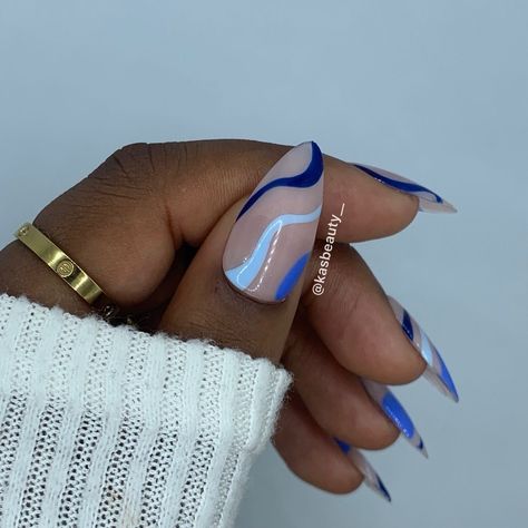 Blue Nails With Line Design, Fun Blue Nails Designs, Swirly Line Nails, Lavender And Blue Nails, Blue Square Nail Designs, Summer Nail Colors Blue, Birthday Nails Acrylic Coffin, Light Blue And Dark Blue Nails, Athestic Nails