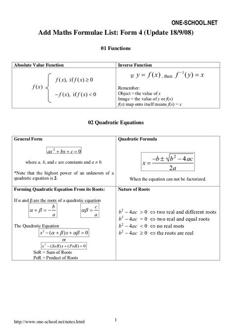 ONE-SCHOOL.NET              Add Maths Formulae List: Form 4 (Update 18/9/08)                                              ... Addmath Form 4, Maths Formulas, Add Math, Inverse Functions, Quadratic Equations, Quadratic Formula, Solid Geometry, Exam Study Tips, Study Flashcards