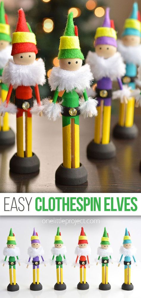 This clothespin elf craft is SO CUTE! Use wood doll pins to make an adorable Christmas elf. Decorate the elf with felt and fur for an extra festive holiday touch. It's such a fun Christmas craft for kids, tweens, teens, adults, and seniors! Wooden Clothespin Crafts Christmas, Clothes Pin Crafts For Kids, Reindeer Clothespin, Clothespins Crafts, Clothespin Christmas, Elf Craft, Snowflake Making, Clothespin Crafts Christmas, Clothespin Diy Crafts