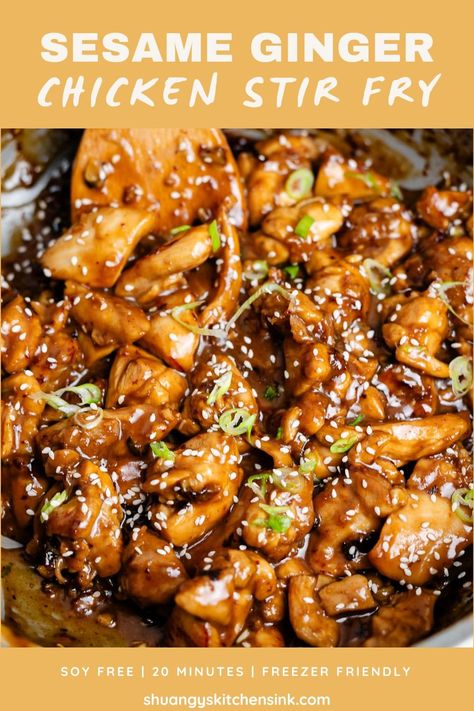 Tender, juicy chicken cubes, fried to golden brown and tossed with a savory sesame ginger sauce. This quick and easy better-than-take out healthy sesame ginger chicken recipe is sure to become a family favorite. | #sesamegingerchicken #healthychicken #paleochickenrecipe #soyfreechickenrecipe #healthychinesefood Soya Chicken Recipes, Ginger Sauce For Chicken, Chicken Cubes Recipes, Sesame Ginger Sauce, Chicken Cubes, Ginger Recipes Healthy, Sesame Ginger Chicken, Sesame Ginger Stir Fry, Ginger Chicken With Sesame Peanut Sauce